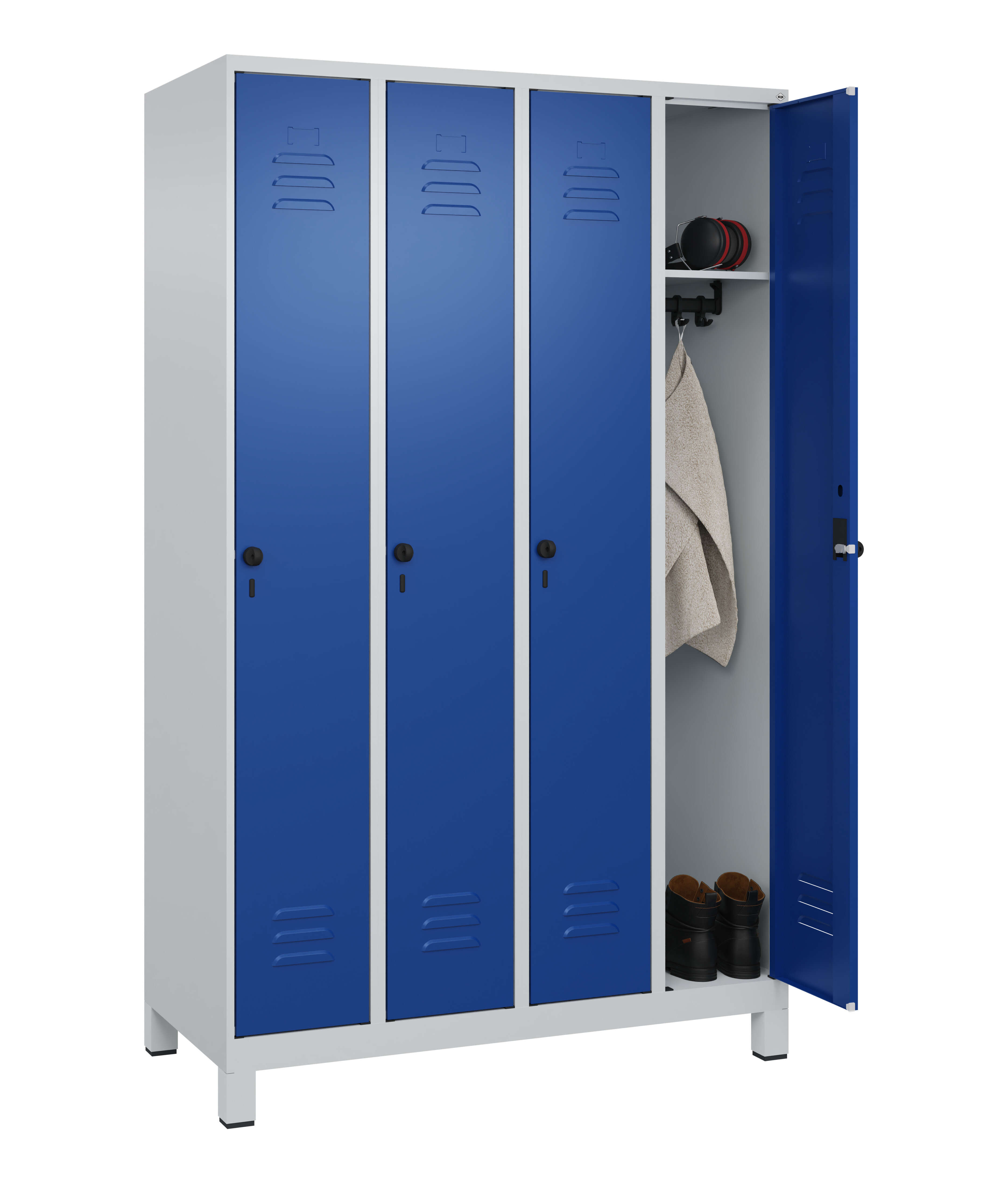 Spind Classic Plus, Füße, 4 Abteile, 1950x1200x500mm Spind Classic Plus, Füße, 4 Abteile, 1950x1200x500mm