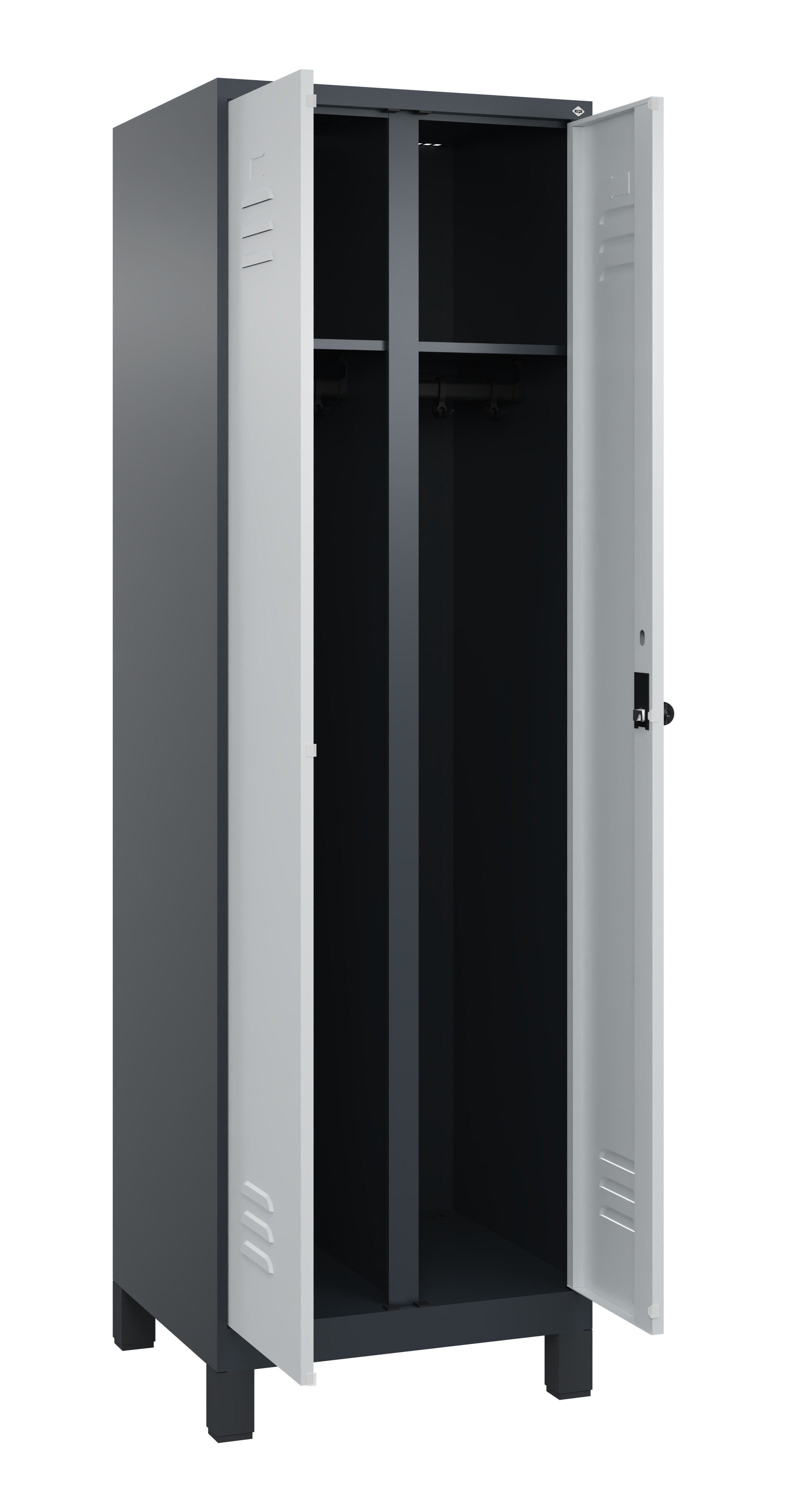 Schwarz-Weiß-Spind Classic Plus, Füße, 2 Abteile, 1950x600x500mm Schwarz-Weiß-Spind Classic Plus, Füße, 2 Abteile, 1950x600x500mm