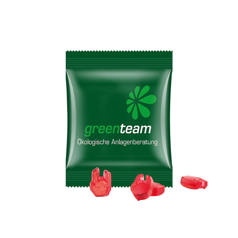 Minitüte Sonderform 15 g Folie kompostierbar weiß Fruchtgummi 10 % Fruchtsaftanteil Minitüte Sonderform 15 g Folie kompostierbar weiß Fruchtgummi 10 % Fruchtsaftanteil