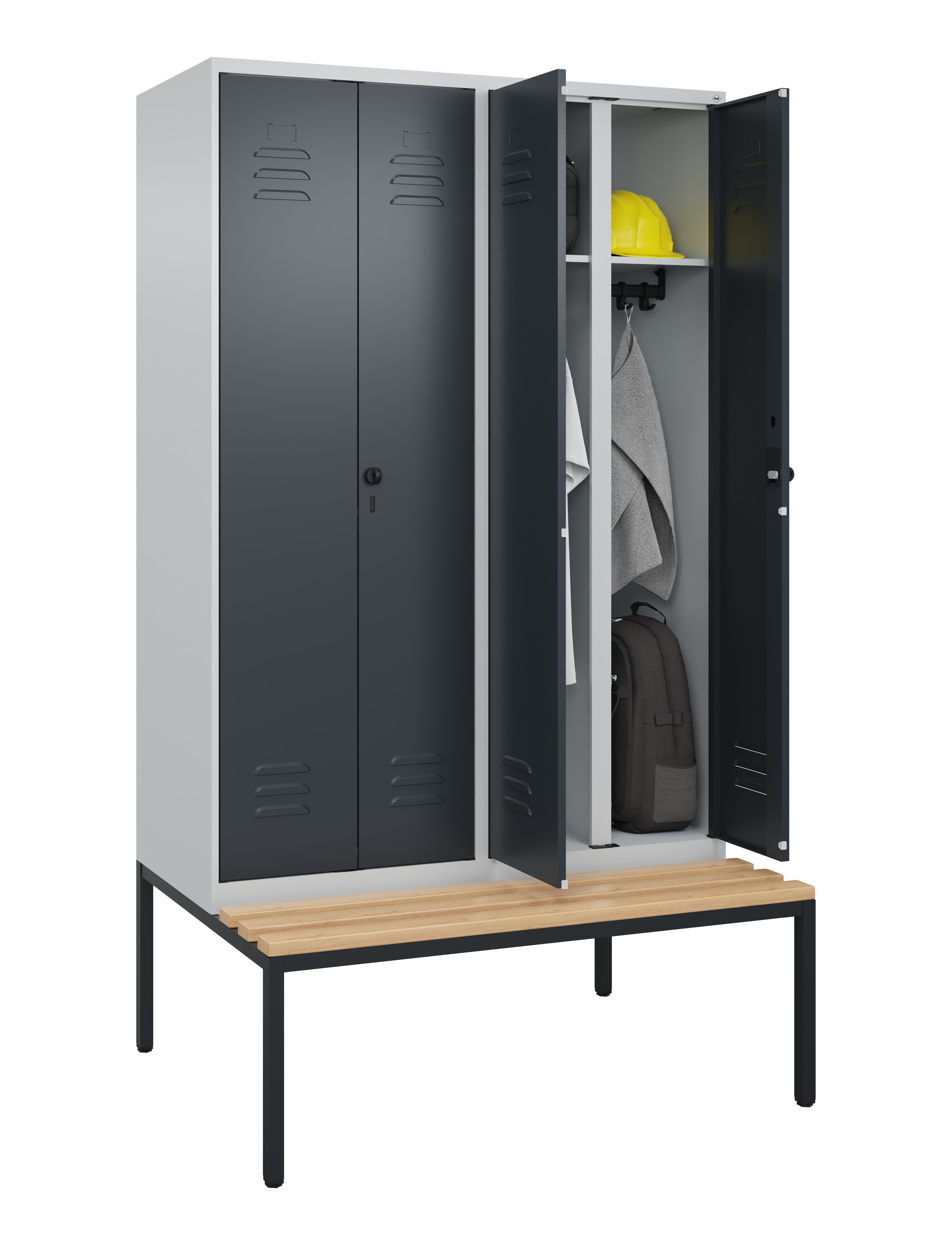 Schwarz-Weiß-Spind Classic Plus, Bank, 4 Abteile, 2120x1200x815mm