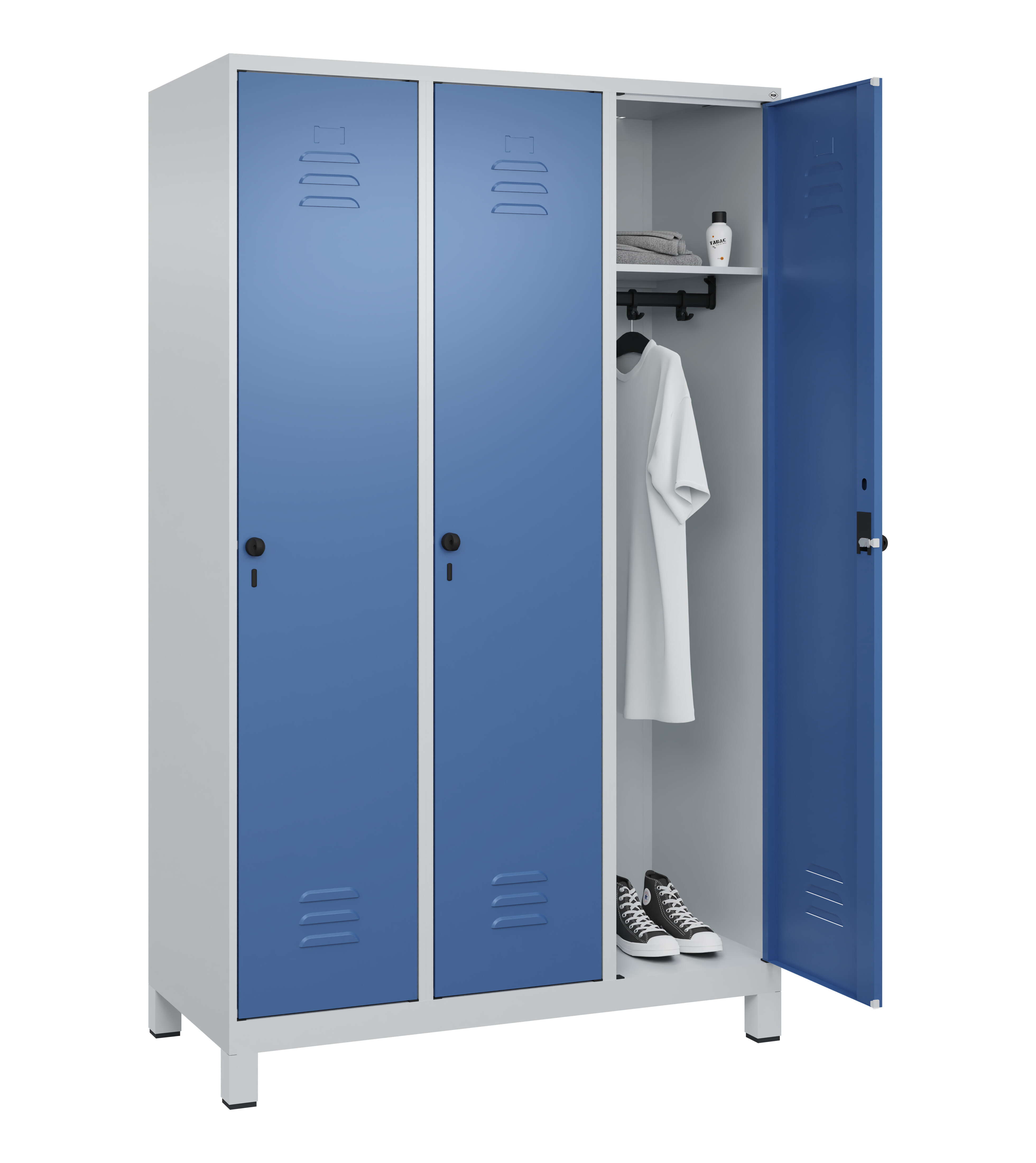 Spind Classic Plus, Füße, 3 Abteile, 1950x1200x500mm Spind Classic Plus, Füße, 3 Abteile, 1950x1200x500mm