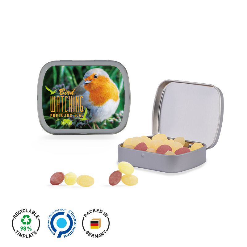 Klappdose matt-silber Mini Bonbons Fruchtmix Klappdose matt-silber Mini Bonbons Fruchtmix