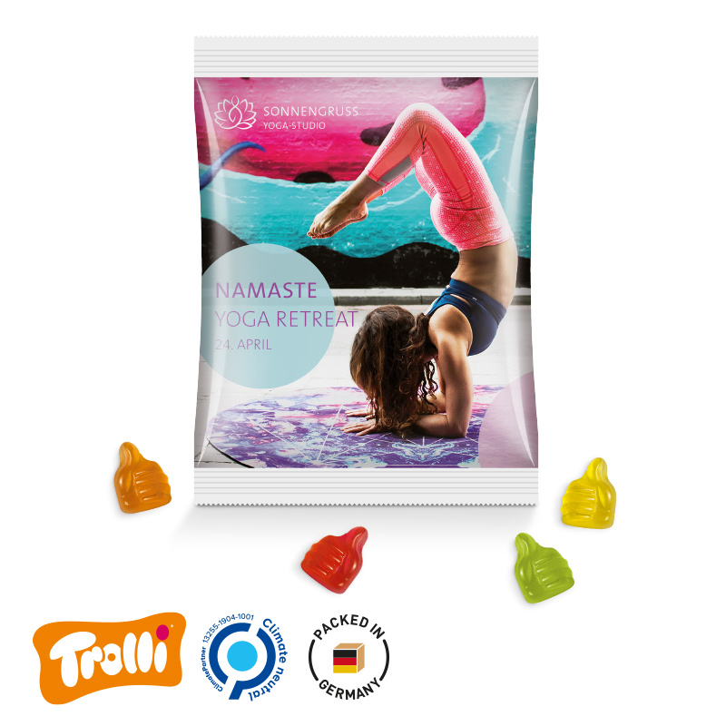 Maxitüte Folie weiß Trolli Fruchtgummi Daumen Maxitüte Folie weiß Trolli Fruchtgummi Daumen