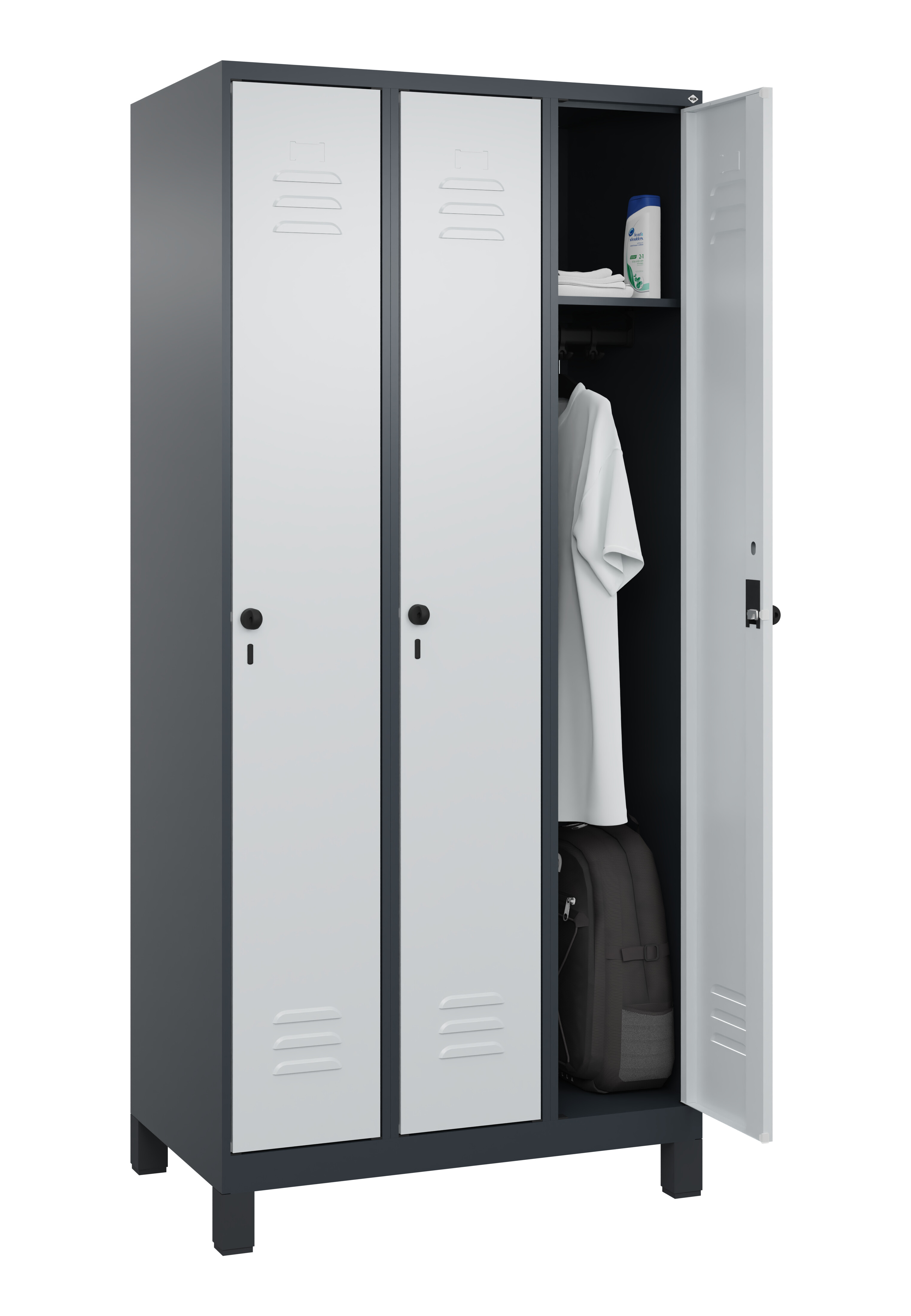 Spind Classic Plus, Füße, 3 Abteile, 1950x900x500mm Spind Classic Plus, Füße, 3 Abteile, 1950x900x500mm