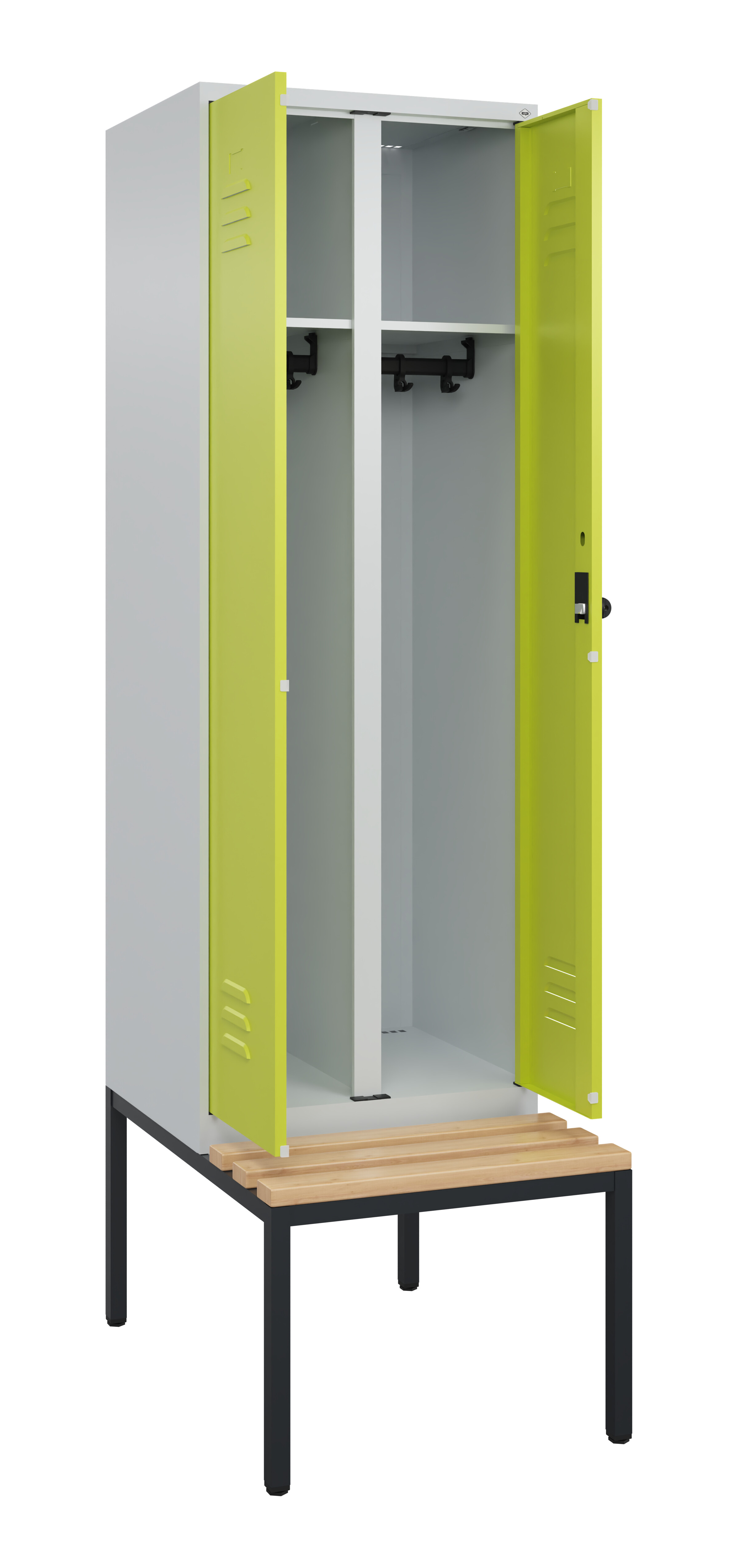 Schwarz-Weiß-Spind Classic Plus, Bank, 2 Abteile, 2120x600x815mm