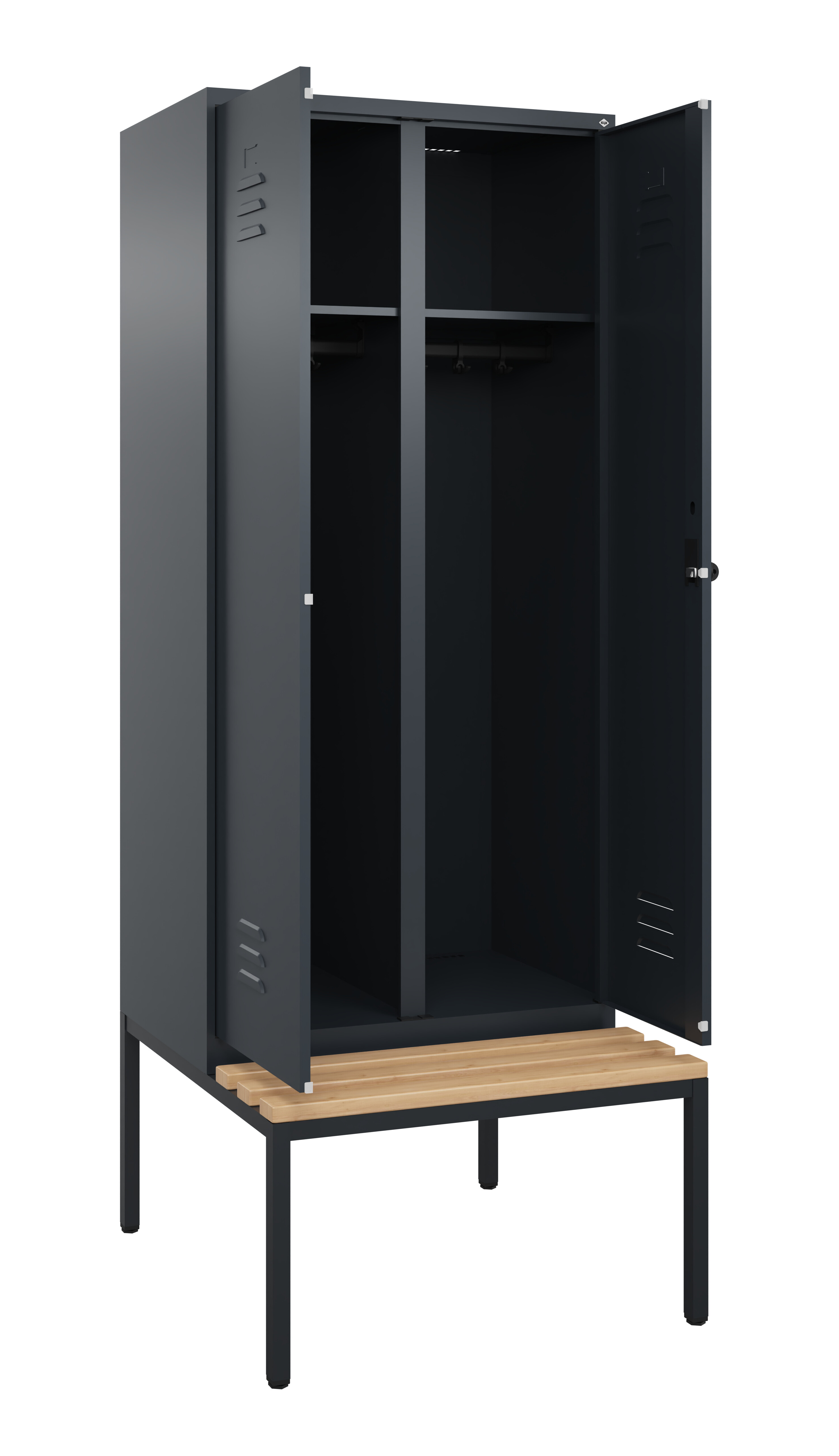 Schwarz-Weiß-Spind Classic Plus, Bank, 2 Abteile, 2120x800x815mm Schwarz-Weiß-Spind Classic Plus, Bank, 2 Abteile, 2120x800x815mm