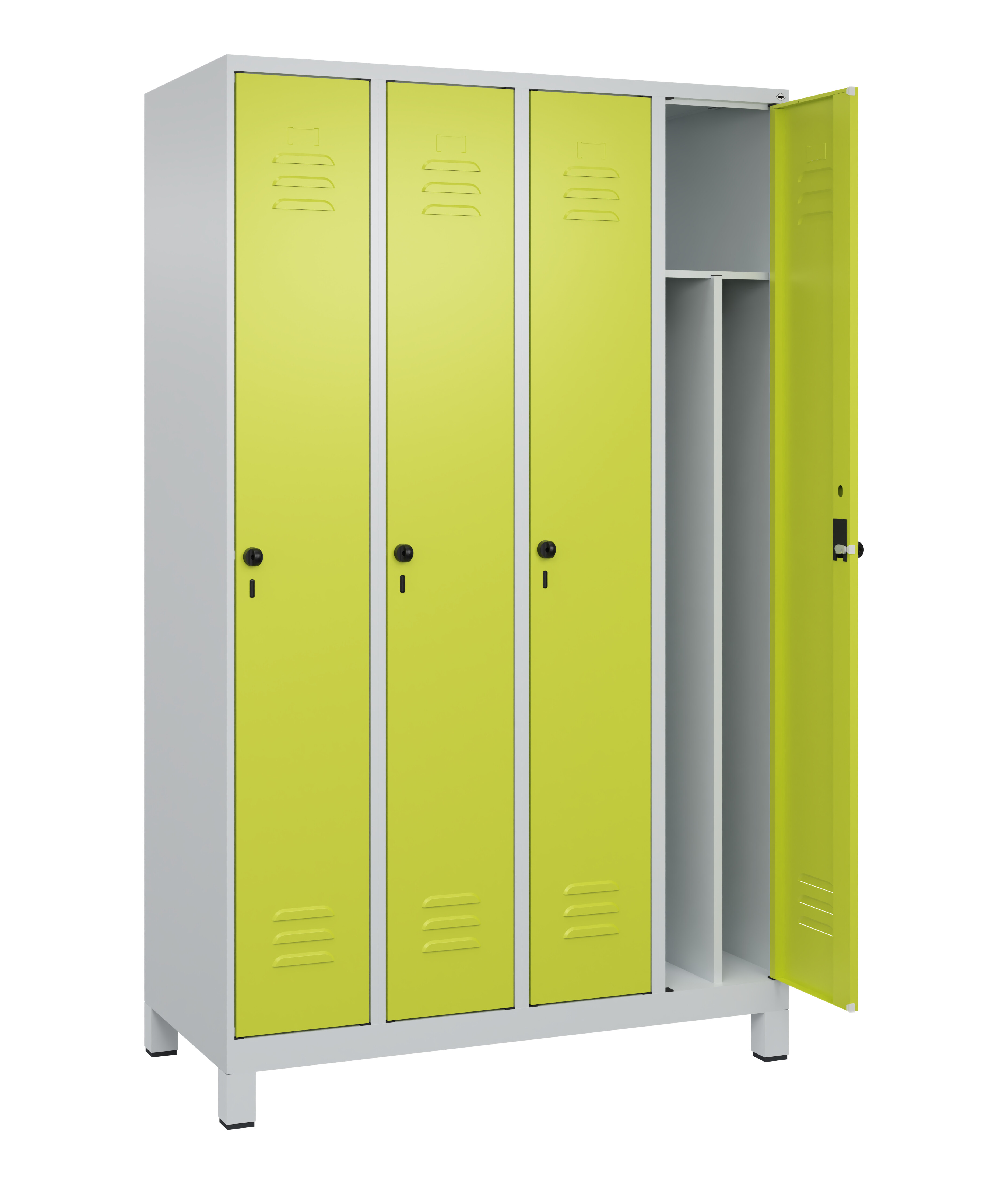 Spind Classic Plus, Füße, 4 Abteile, 1950x1200x500mm Spind Classic Plus, Füße, 4 Abteile, 1950x1200x500mm